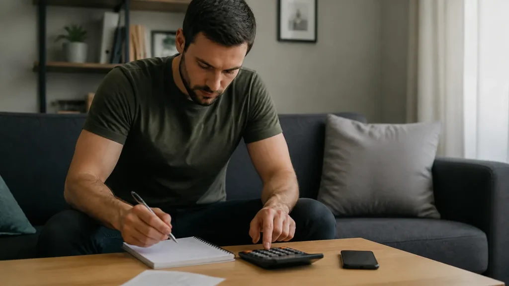 Persona calculando el pago de una apuesta deportiva con calculadora y libreta