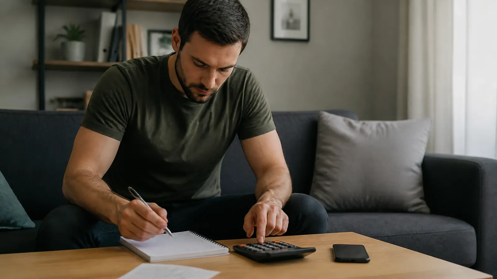 Persona calculando el pago de una apuesta deportiva con calculadora y libreta